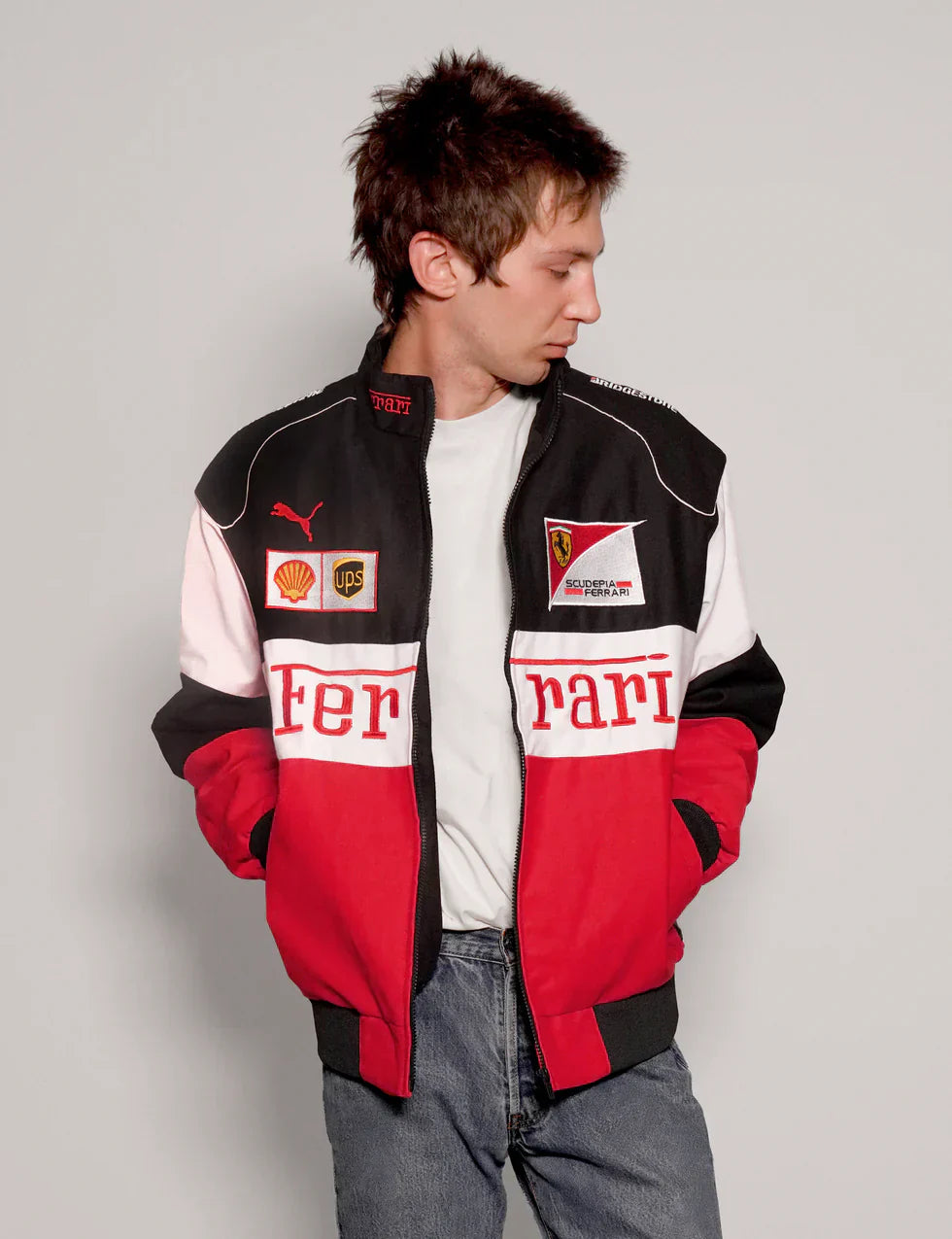 VOREL Tri-Color Ferrari Racing Jacket – Red/White/Black Motorsport Style