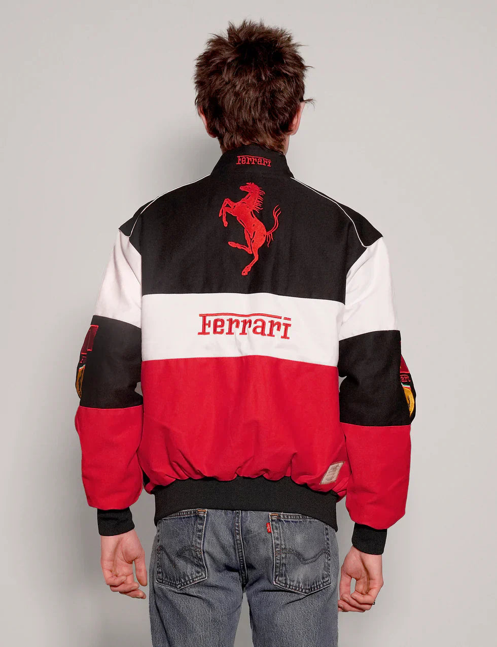 VOREL Tri-Color Ferrari Racing Jacket – Red/White/Black Motorsport Style