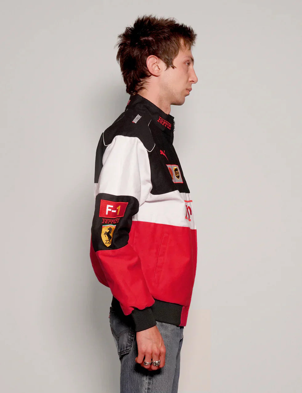 VOREL Tri-Color Ferrari Racing Jacket – Red/White/Black Motorsport Style