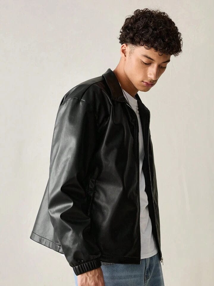 VOREL Men’s Black Faux Leather Jacket – Classic Zip-Up Streetwear Style