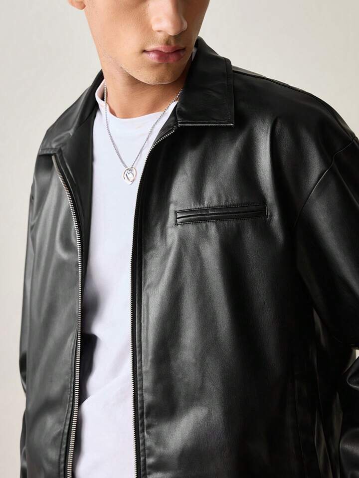 VOREL Men’s Black Faux Leather Jacket – Classic Zip-Up Streetwear Style