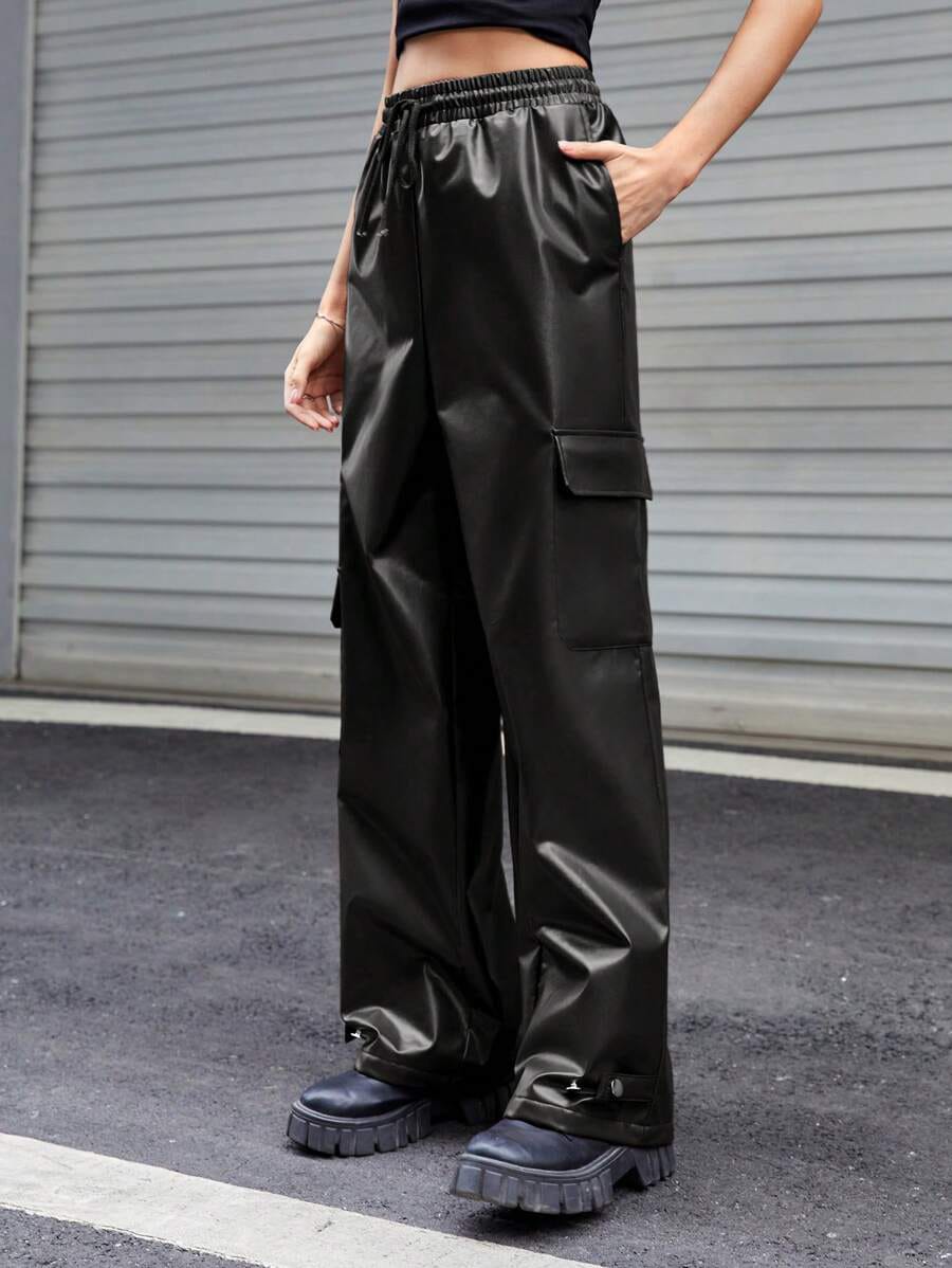 VOREL Men’s Black Faux Leather Cargo Pants – Streetwear Wide-Leg Trousers