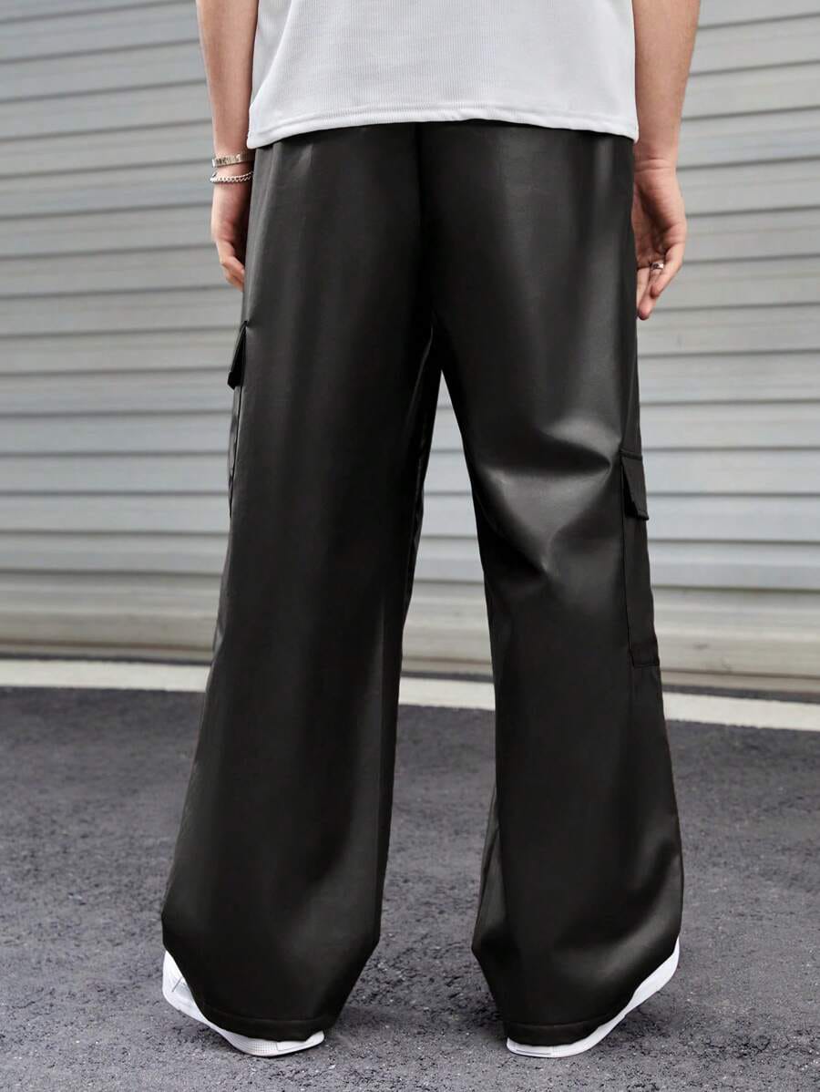 VOREL Men’s Black Faux Leather Cargo Pants – Streetwear Wide-Leg Trousers