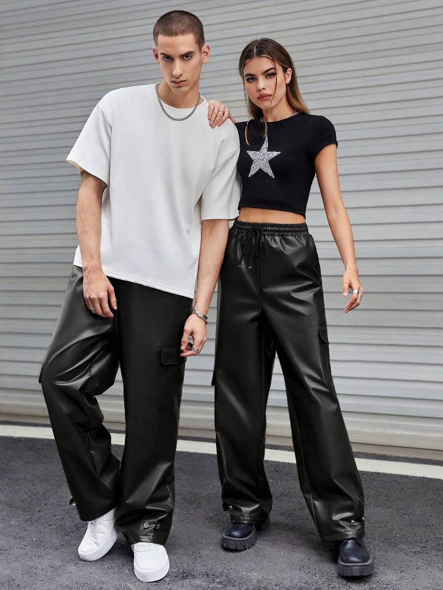 VOREL Men’s Black Faux Leather Cargo Pants – Streetwear Wide-Leg Trousers